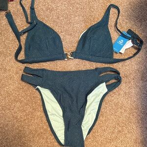 Cupshe Dark Teal Textured Triangle Bikini Set with Gold Accent